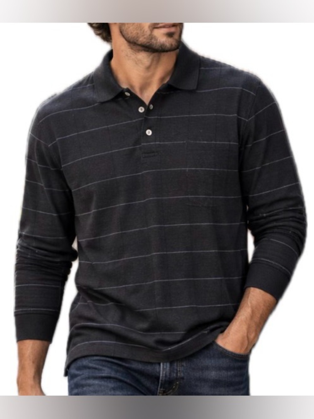 Van Heusen Long Sleeve Polo Charcoal Gray/Light Blue Pin Stripe. Men’s Large.